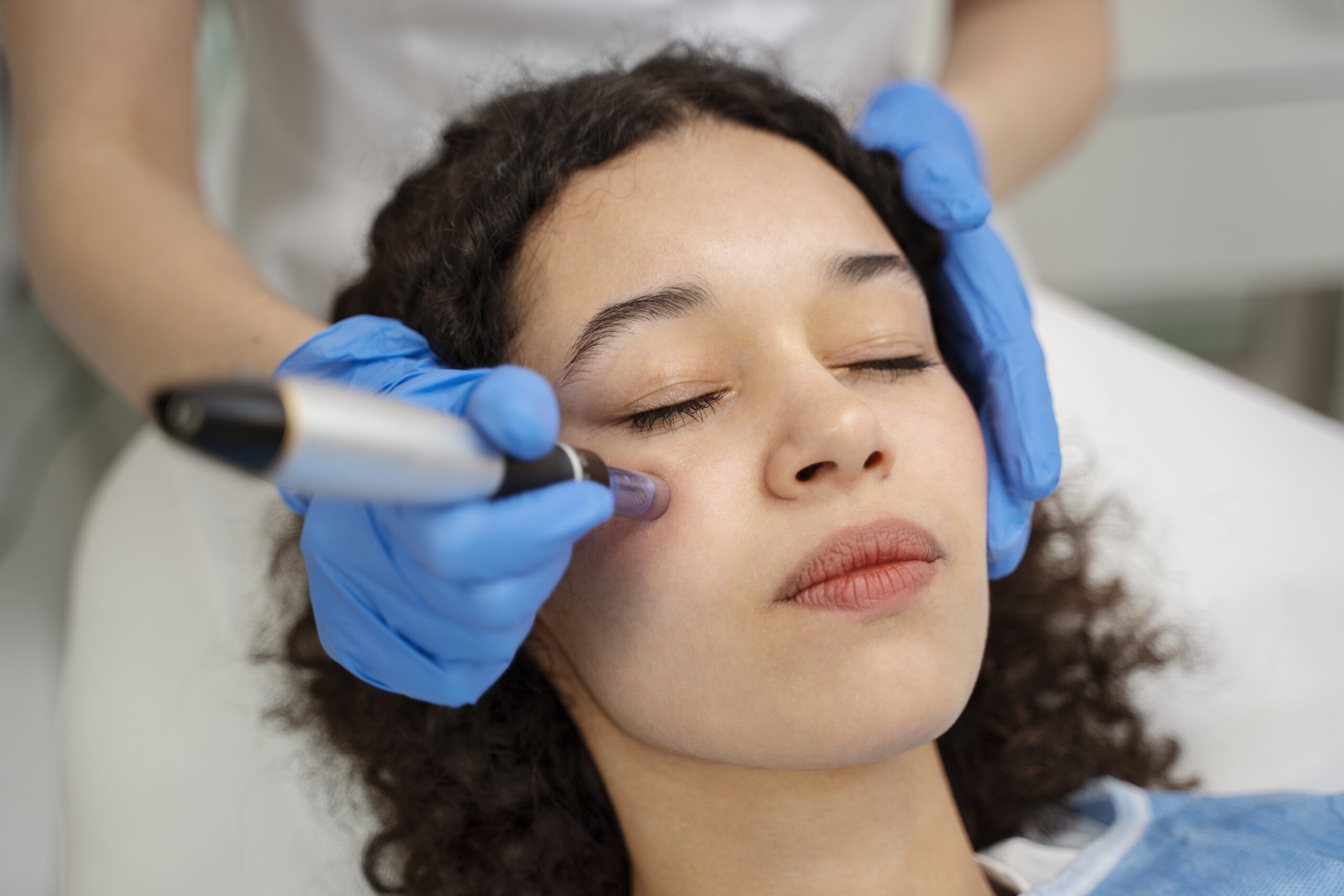 Aesthetic specialist performing pigment correction treatment to reduce dark spots and even out skin tone